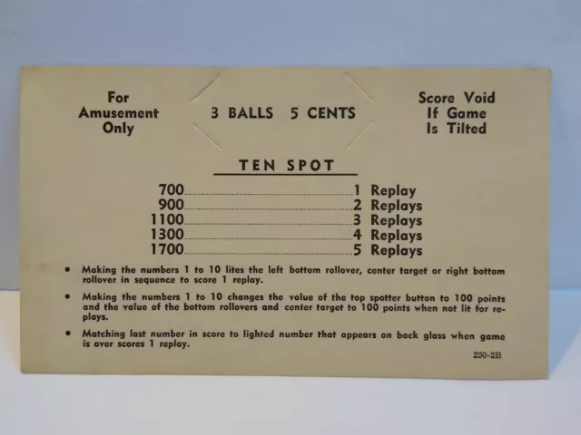 Ten Spot Pinball Machine Score Replay Card Original NOS Vintage 1961