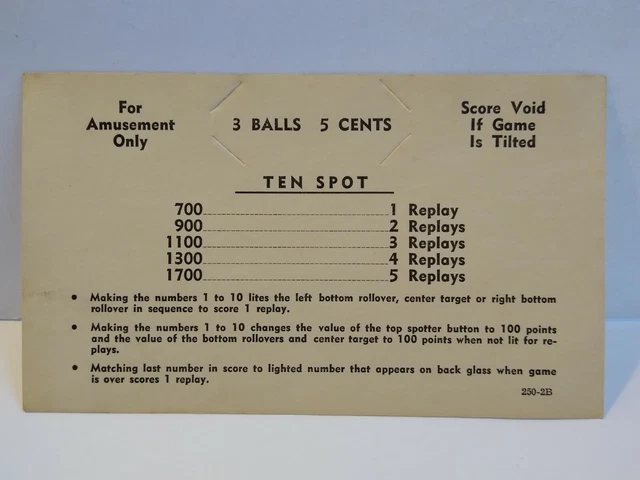 Ten Spot Pinball Machine Score Replay Card Original NOS Vintage 1961