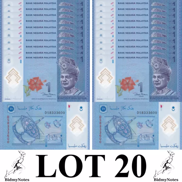 Malaysia 1 Ringgit ND 2011 P 51A Polymer UNC 1/5 Bundle LOT 20 pcs