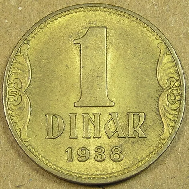 1938 Yugoslavia 1 Dinar Aluminum-Bronze Coin, nice collectible grade, 21 mm