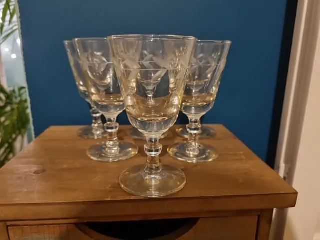 6 Matching Late 19th Century Antique  Sherry Glasses, Leaf Design.