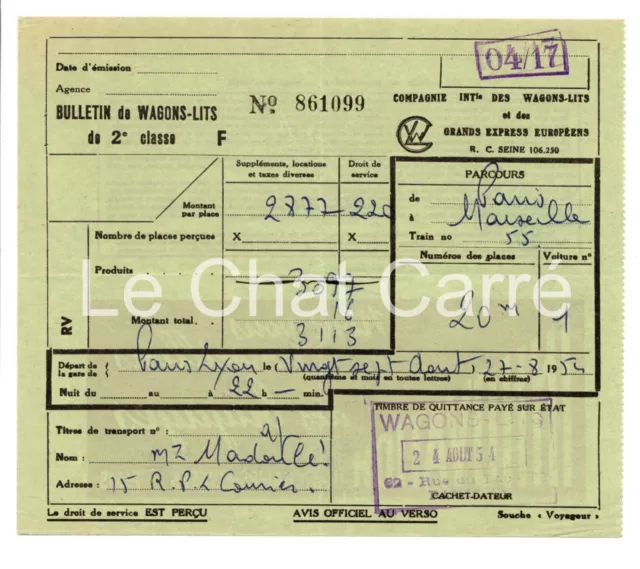 CIWL - Bulletin de Wagons-Lits - Paris / Marseille - 2e Classe - 1954 - RARE !