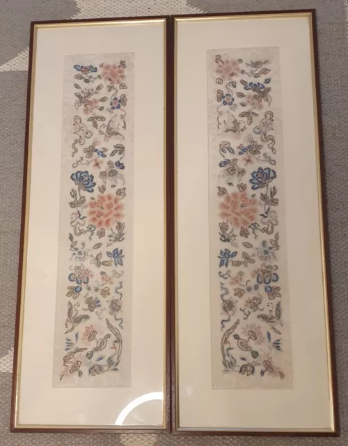 Stunning Pair of Vintage Chinese Fine Silk Embroidery Flower Wall Panels