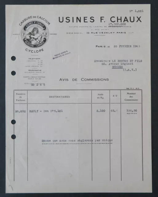 Facture  1943 PARIS USINE CHAUX CYCLOPE  ALLASSAC CARBURE DE CALCIUM llustrée 43
