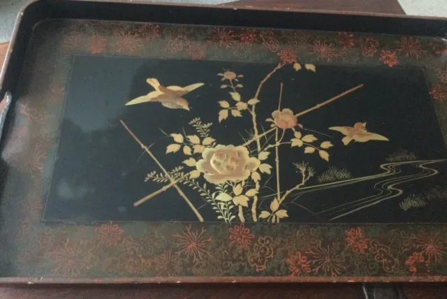 Vintage Japanese decorative black gold flowers birds laquered wood serving tray