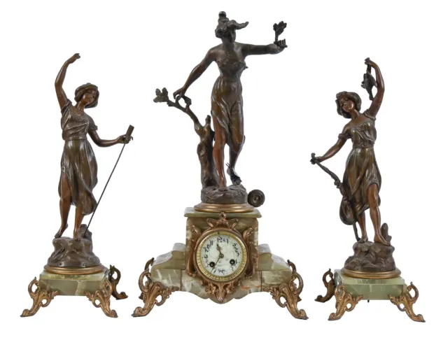 A French Fin De Siecle Bronzed Figural Green Onyx Garniture De Cheminee, Clock