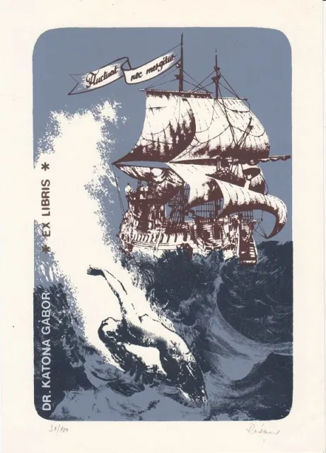 Exlibris Bookplate Hochdruck Ghyörgy Ratkai Frauenakt Segelschiff Akt