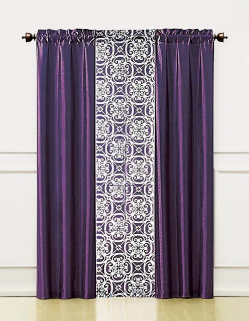 Purple 3 Pc.  Window Curtain Set : 2 Faux Silk Panels and 1 Printed Voile/sheer