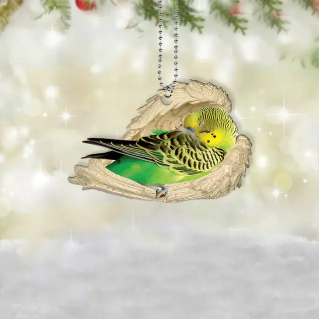 Green and Yellow Parakeet sleeping Angel Wings Christmas car Ornament Gift