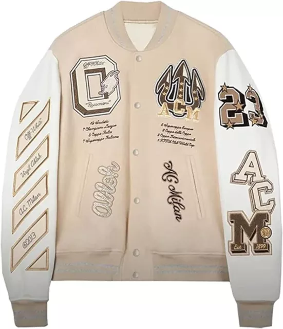 Men AC Milan Off White Varsity Jacket AC Milan Varsity Bomber Jacket