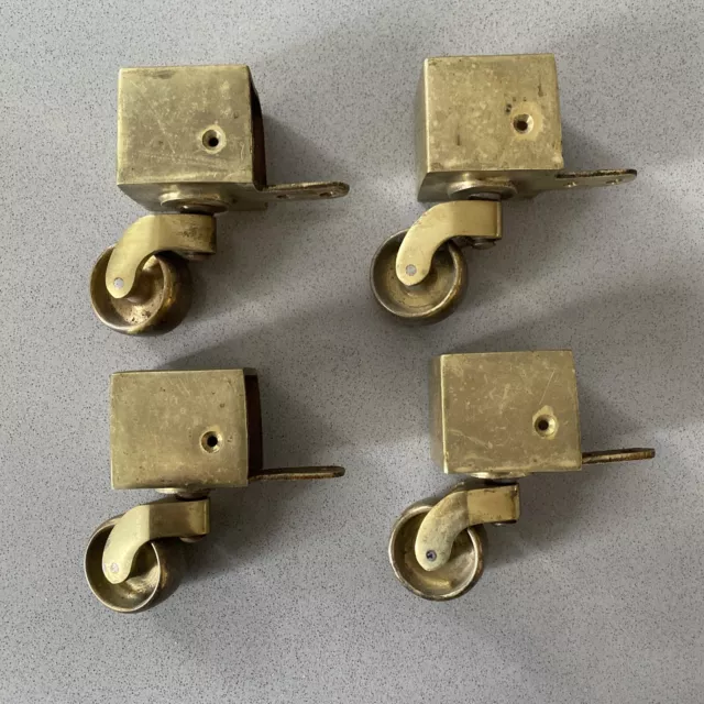 Brass Furniture Caster Set 4 Antique Vintage SOLID Cast Feet Wheel Roller Cap