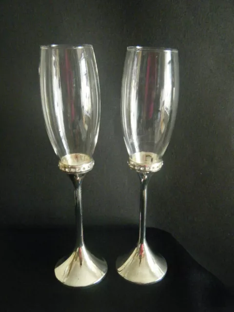 2 x Silver Plated Diamond Wine prosecco large Champagne Flutes wedding boxed B80