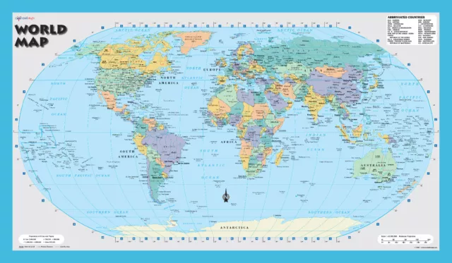 World Wall Map Robinson Projection - 21"x36" Rolled Paper or Laminated Blue 2020