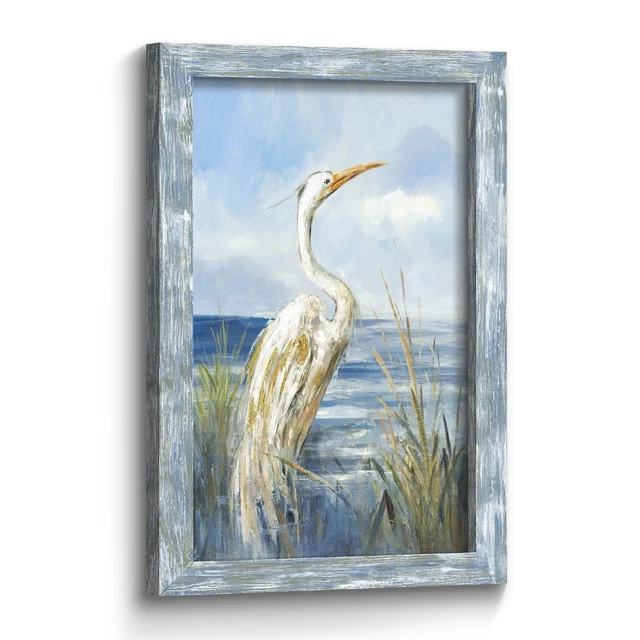 Framed Sea Bird Wall Art: Wooden Blue Coastal Ocean Scene Picture Heron on Be...