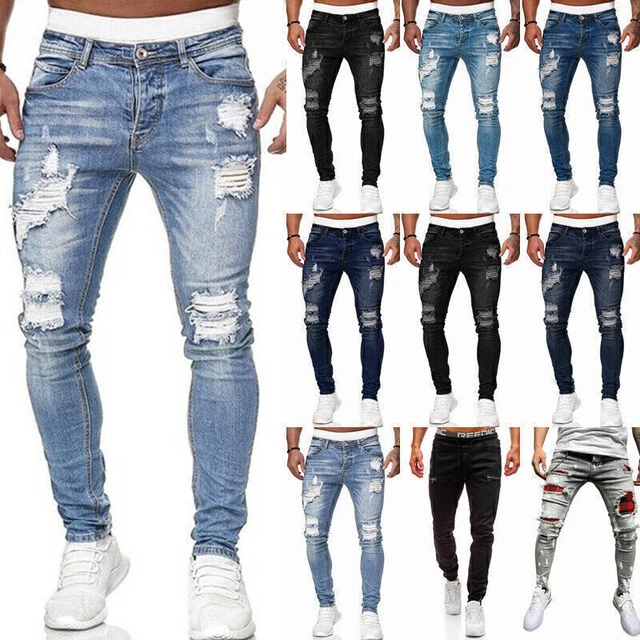 Mens Denim Ripped Jeans Biker Pants Slim Fit Stretchy Skinny Trousers Joggers