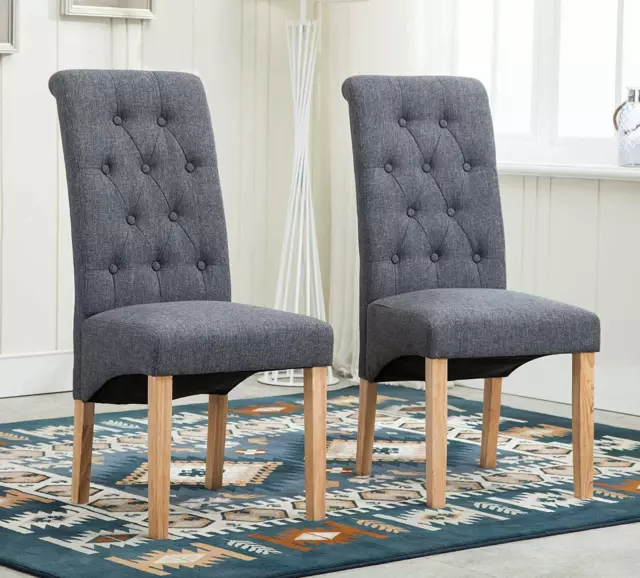 Set of 2 Grey Fabric Linen Dining Chairs Roll Top Scroll High Back With BUTTONS