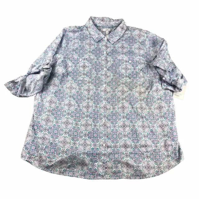 Croft Barrow Shirt Womens 3X Purple Floral Button Up Roll Tab 3/4 Sleeves NWT