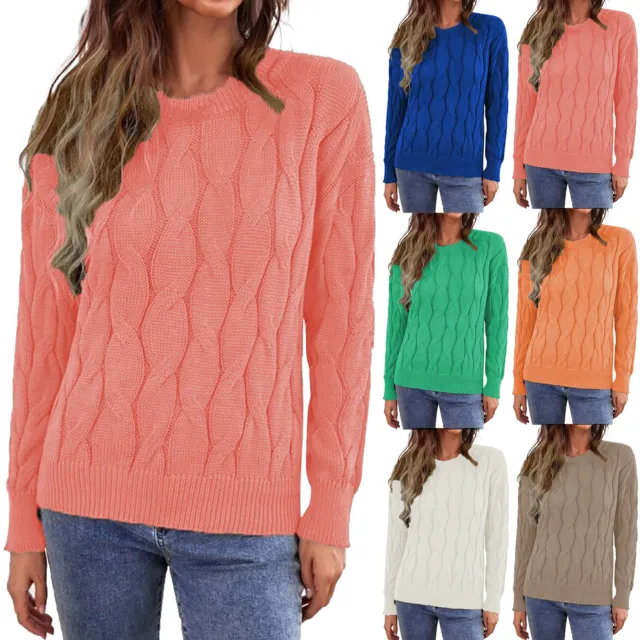 Womens 2022 Cute Elegant Soft Crewneck Long Sleeve Hollow Cable Knit Pullover