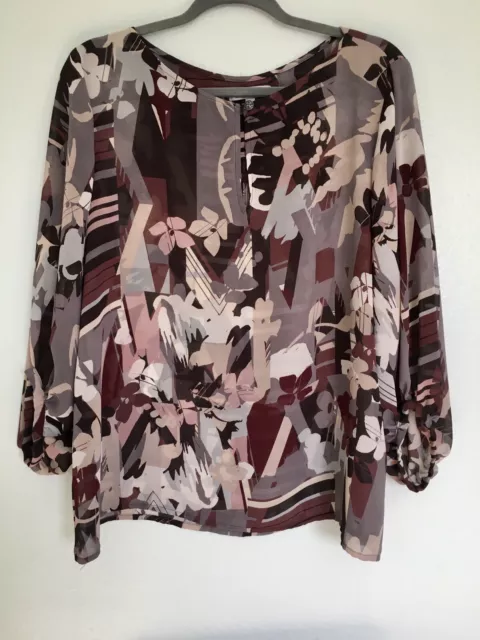 Jennifer Lopez Womens Top XL Long Sleeves Elegant Flowy Floral Pink Gray SNAG