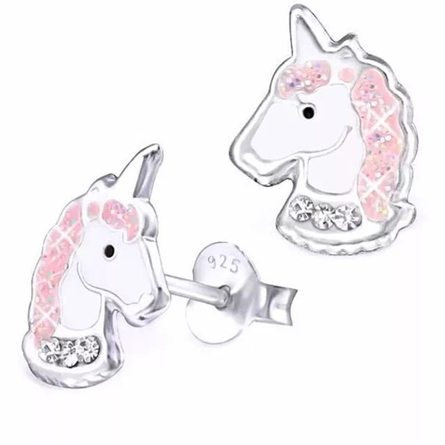 Pferde Einhorn Ohrstecker mit Kristall 925 Sterlin Silber Mädchen Ohrringe Set