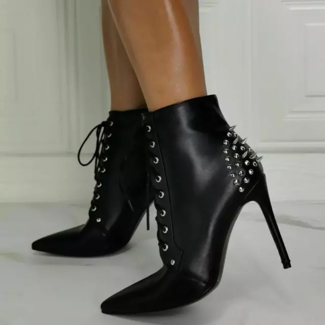 Women Sexy Stilettos Ankle Boots Pointy Toe Studded High Heels Lace Up Shoe Plus 3