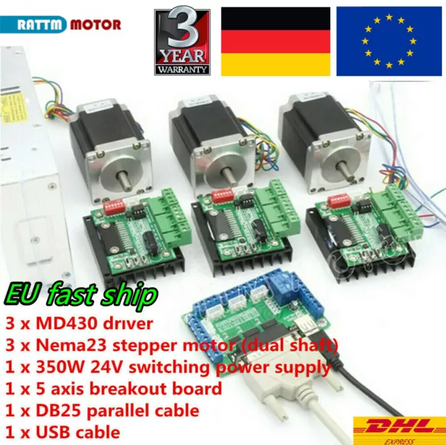 EU｜3 Axis Nema 23 Stepper Motor Driver Mach3 CNC Controller Kit,270oz-in,76mm,3A