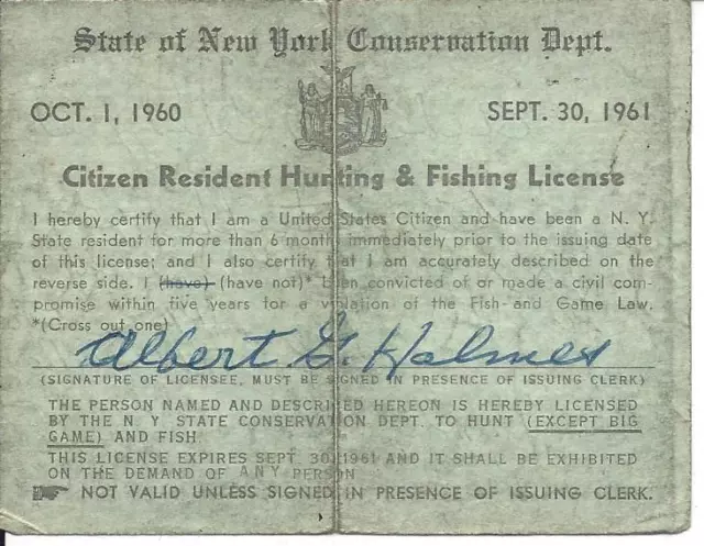 1960 - 1961 licencia de caza y pesca residente de Nueva York ciudadano de Nueva York