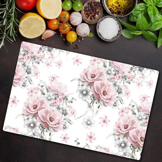 Planche à Découper Verre Trempé Pour Plaque Induction – 2x30x52 Cm – Blanc & Rose Fleurs