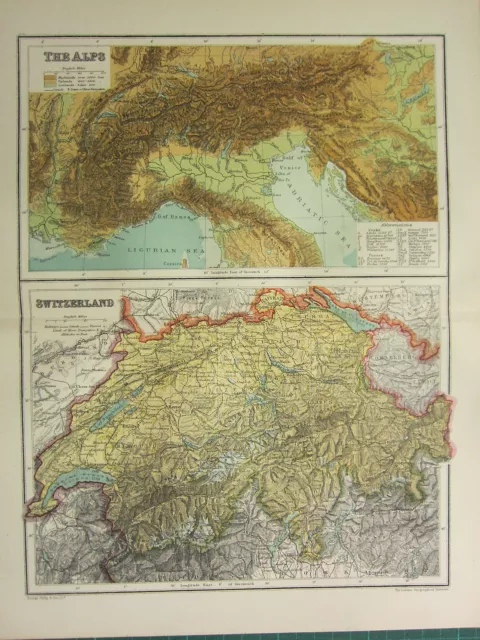 1904 Antique Map ~ Switzerland ~ Zurich Luzern Geneva Alps Passes Peaks