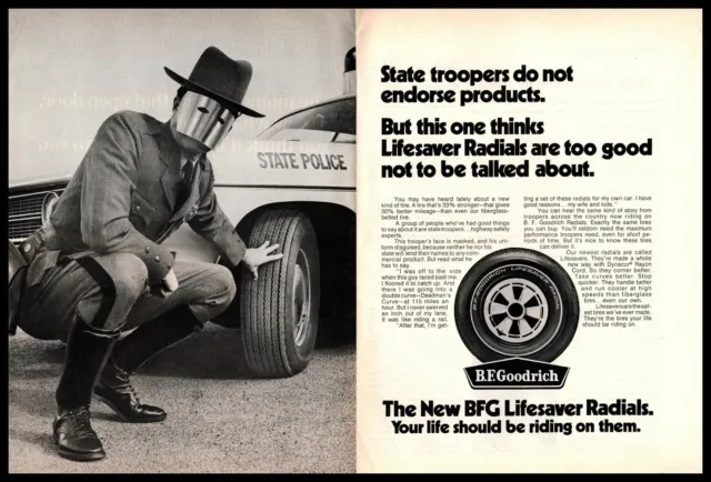 1970 BFG Lifesaver Radial Tires Masked Sate Trooper Jack Boots 2-Page Print Ad