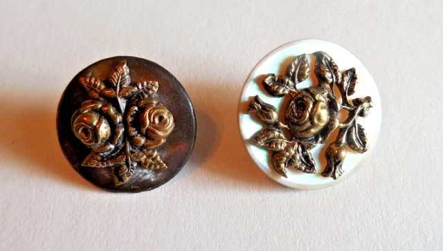 Two Vintage Mother of Pearl Shell Buttons with Metal Roses 5/8" & 3/4"