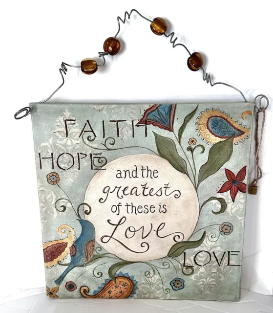 Faith, Hope & Love By Glory Haus 8” X 8”Canvas Art Sign Amber Beaded Hang Wire