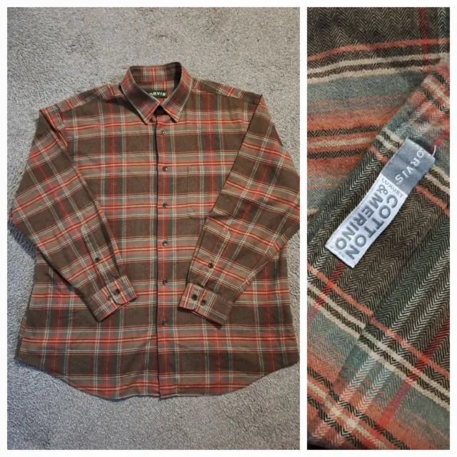 Men's ORVIS Luxury Cotton & Merino Checked Green Red Flannel Shirt Size XL