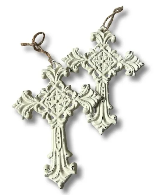 Antique White Cross Rustic Cast Iron Distressed Ornate Metal Wall Hanging