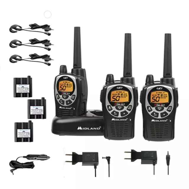 Pack Of 3 Walkie Talkies Midland GXT1000+Chargers+Headphones 5W 56KM