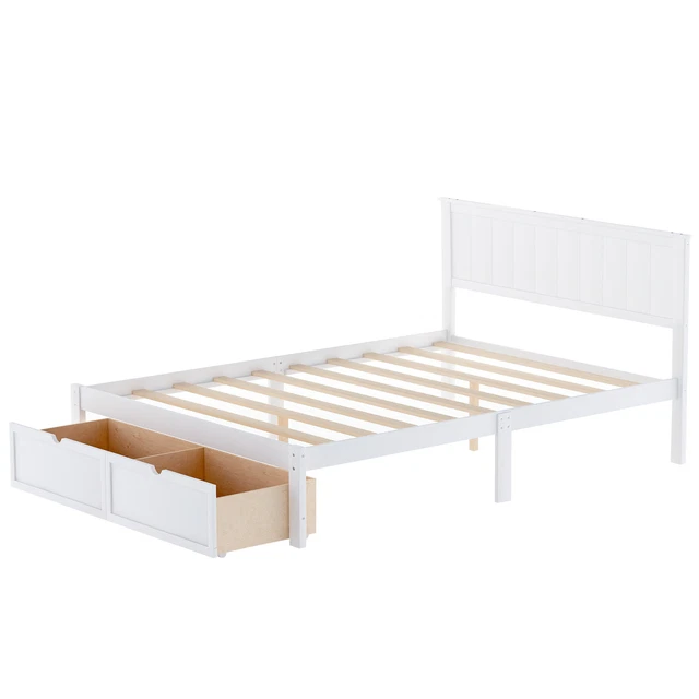HABITRIO Full Size Wood Platform Bed Frame with Headboard & 2 Under-bed Drawers