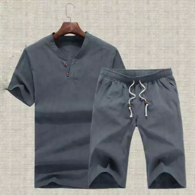 Mens Casual Tops Cropped Pants Summer Cotton Linen T-Shirt Shorts Beach 2Pcs Set
