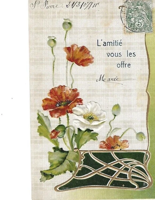 beautiful CPA antique embossed poppy poppy art nouveau gold postcard 1907