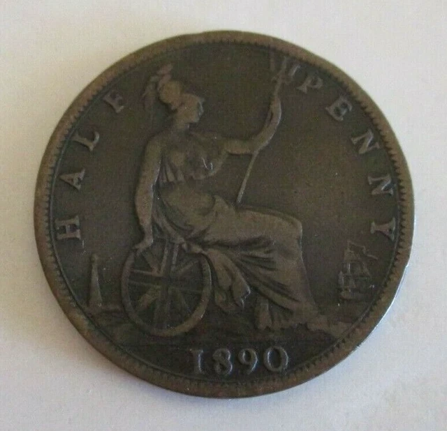 1890 Great Britain/UK Halfpenny Coin - Britannia & Queen Victoria - Circulated