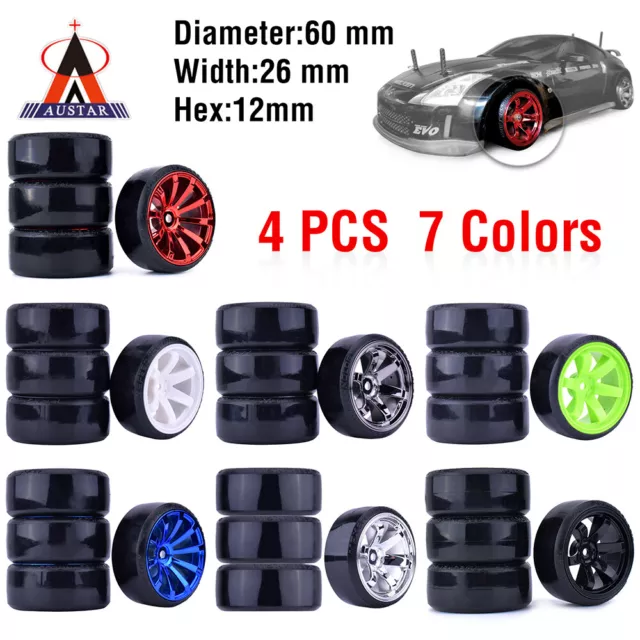 4PCS Hard Pattern Tyre Drift Tires Wheels 12mm Hex fr HPI HSP 1:10 RC Racing Car