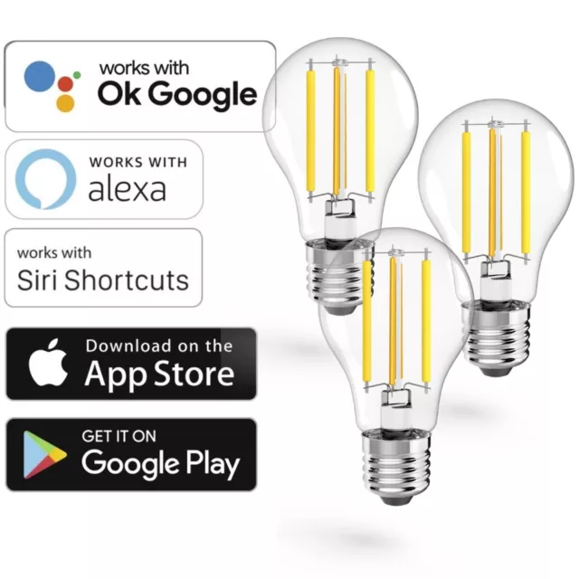 Hama 3x WLAN LED-Lampe Filament E27 7W 60W Birne App-Steuerung für Alexa Google