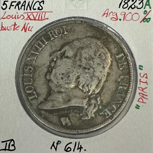 5 FRANCS LOUIS XVIII - 1823A - Pièce de Monnaie en Argent // Qualité : TB