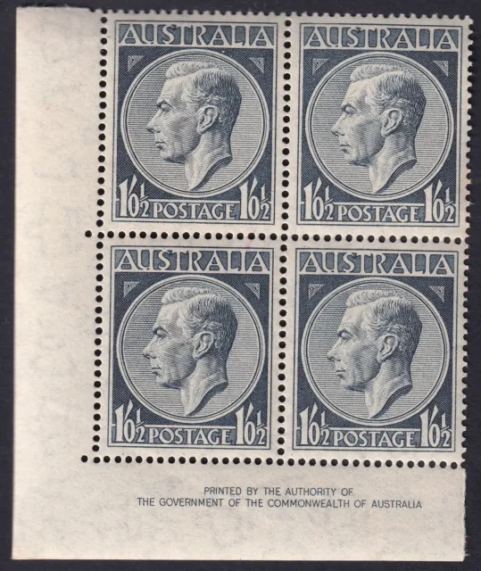 AUSTRALIA 1950 1/0/½d INDIGO KGVI CORNER BLK (4) AUTHORITY IMPRINT BW 259z MUH