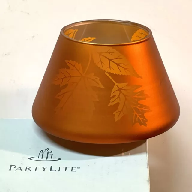 PartyLite Candle JOY OF AUTUMN Mini BARREL JAR SHADE Orange Glass FALL LEAVES