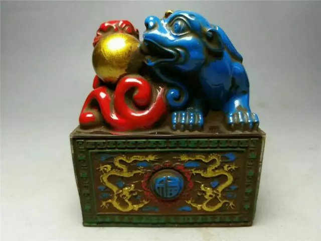 Collect China Colored glass（Liuli）painted Mother child beast seal signet stamp