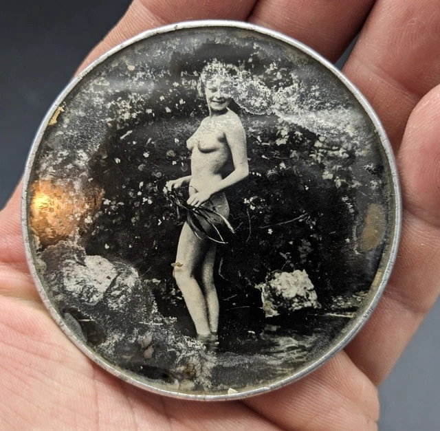 Miroir de poche Erotique ancien 1920 femme nue