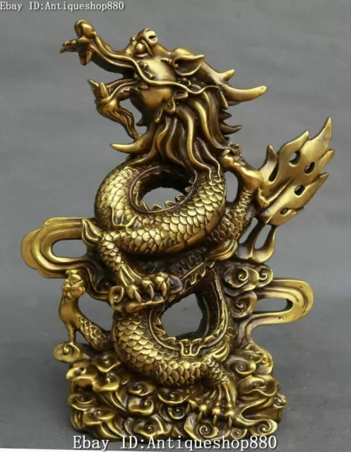 11" Chinese Pure Bronze Fengshui Zodiac Year Fly Dragon Loong Animal Statue