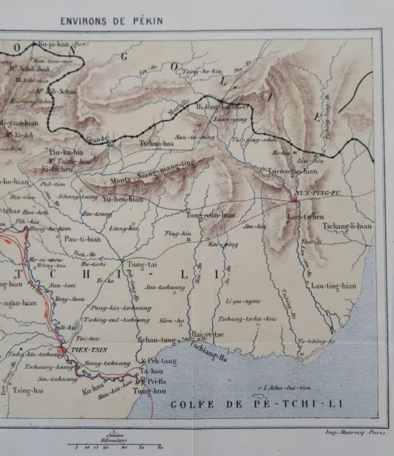 Beijing Environs Qing Empire China Great Wall Peking c. 1870's Monrocq map 3
