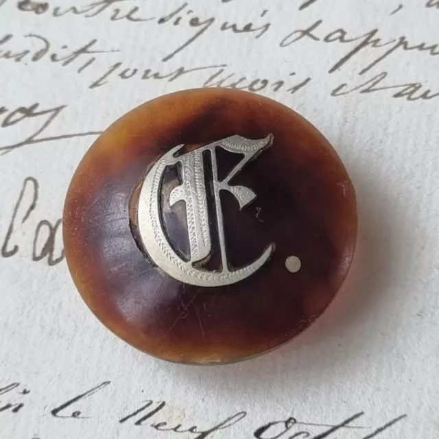 BOUTON De Col avec Monogramme E en Argent XIXè 30 mm Collar Button 19thC