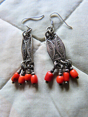 Berber Jewelry, Silver coral earrings, Morocco